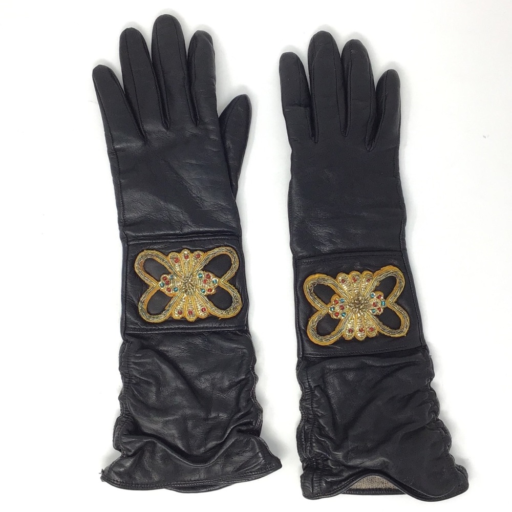 Holt Renfrew Long Leather Gloves with Cashmere Lining and Butterfly
